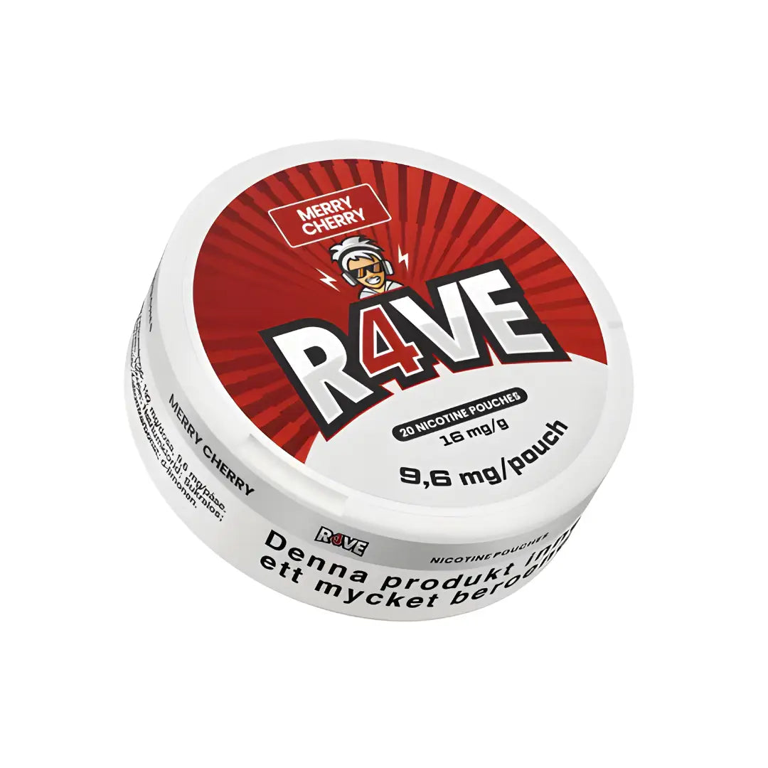 Rave Merry Cherry 16mg European nicotine pouch in a sleek red and white container with cherry flavor branding.