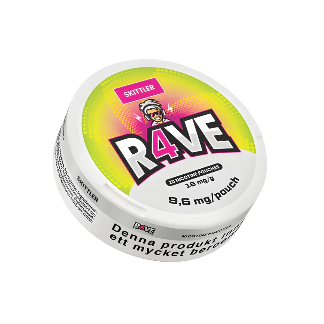 Europesnus.com Rave Skittler 16mg cannabis product with colorful packaging and branding, displayed on a white background.
