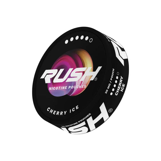 Rush Cherry Ice Extreme flavored nicotine pouch by Europesnus.com, showing the can with cherry and ice flavor design.