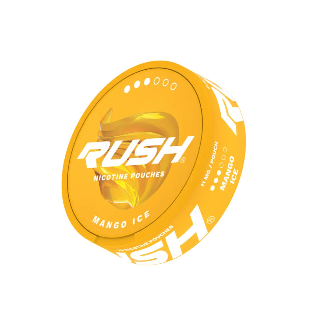 Europesnus Rush Mango Ice Pro vape pod with vibrant orange and black design, featuring mango flavor branding and product details.