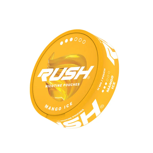 Europesnus Rush Mango Ice Pro vape pod with vibrant orange and black design, featuring mango flavor branding and product details.