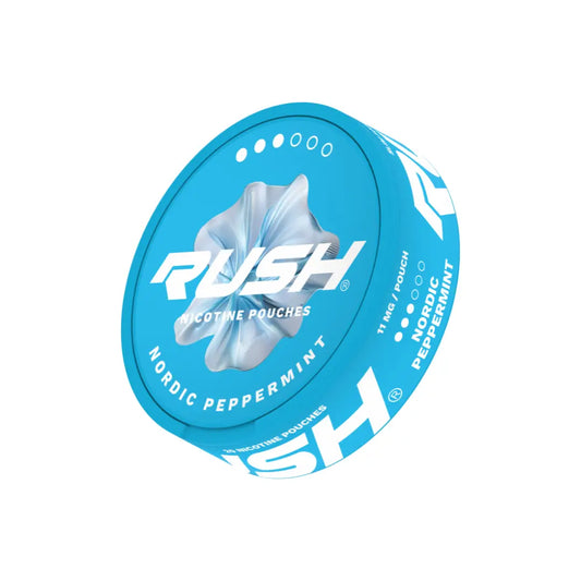 Rush Nordic Peppermint Pro nicotine pouch by Europesnus.com, showing the sleek black and white pouch with mint flavor branding.