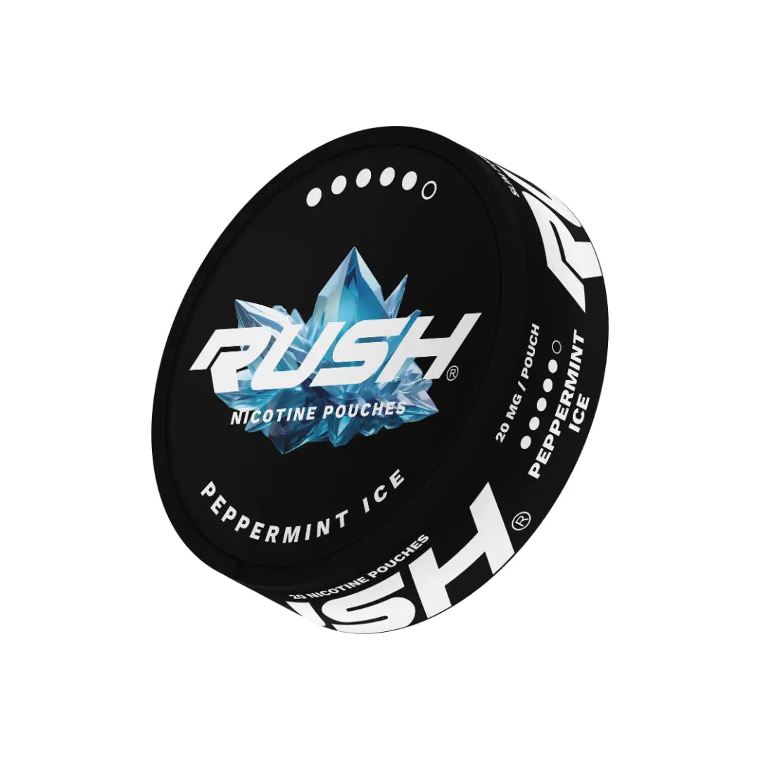 Rush Peppermint Ice Extreme by Europesnus.com featuring a sleek container of energy supplement powder with mint flavor and vibrant packaging.