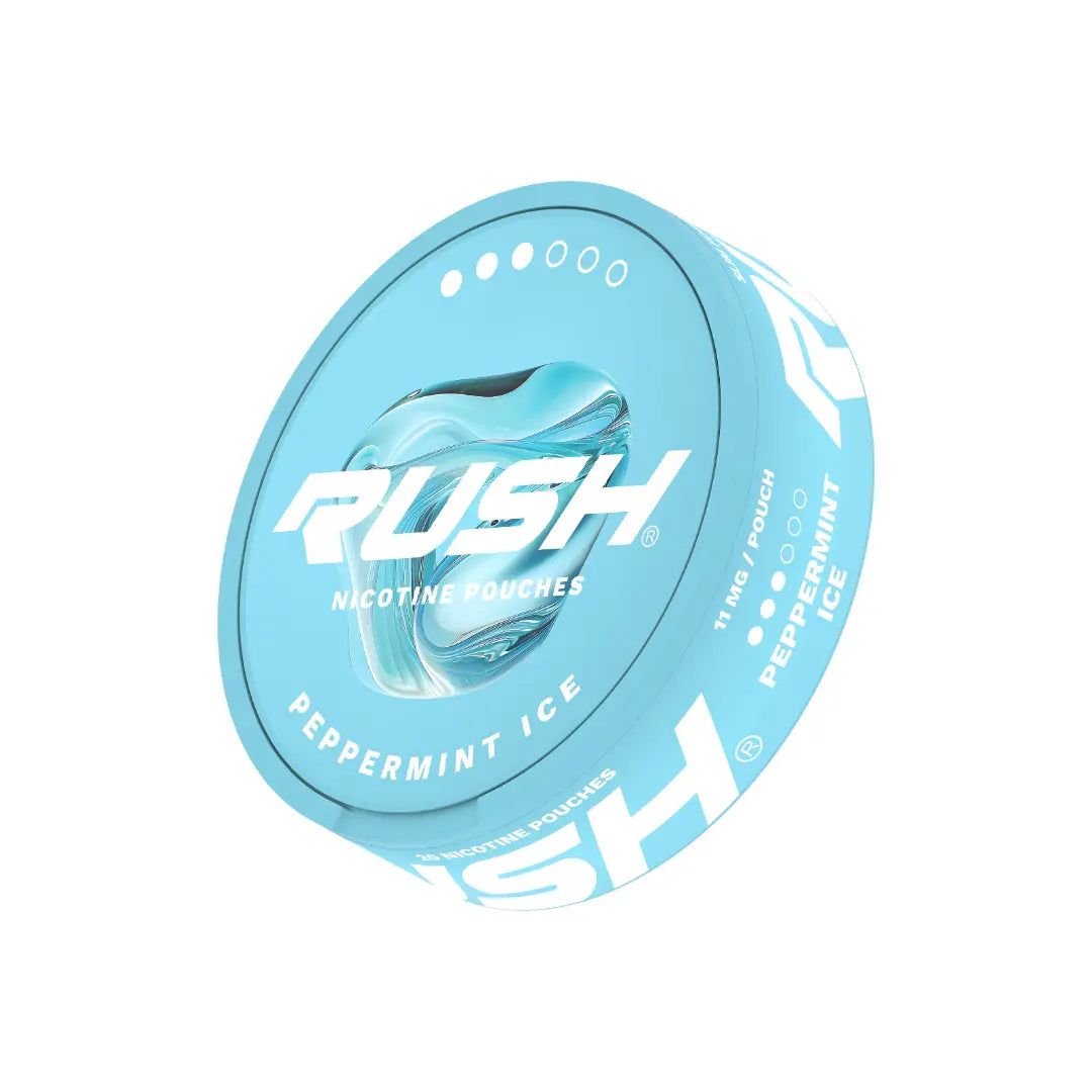 Rush Peppermint Ice Pro by Europesnus.com, close-up of the mint-flavored supplement container with fresh peppermint leaves.
