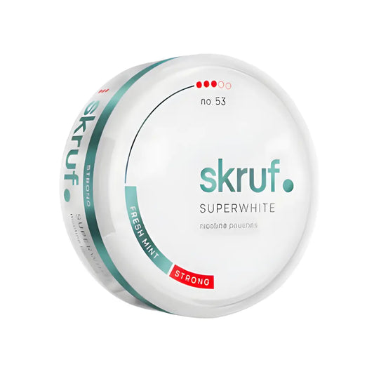 Skruf Superwhite NO.53 Fresh Mint Swedish snus pouch in a can, featuring mint flavor and white tobacco leaves.
