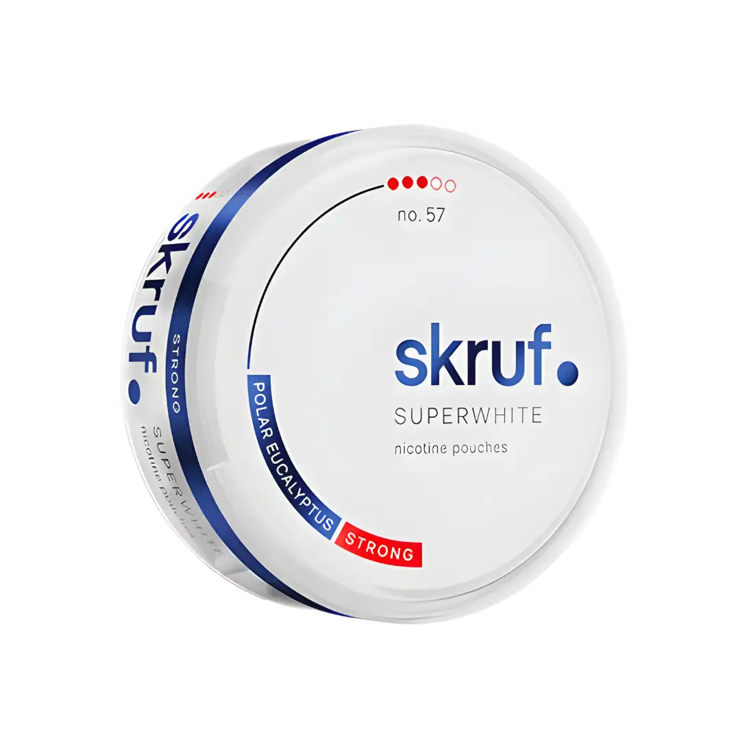 Skruf Superwhite NO.57 Polar Eucalyptus smokeless tobacco pouch with eucalyptus flavor, shown in a close-up image.