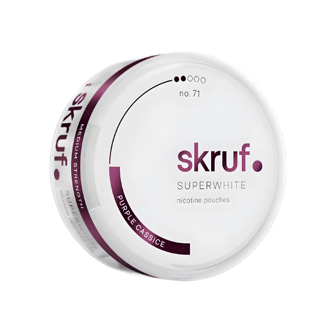 Skruf Superwhite No.63 Purple Cassice Strong tobacco snus pouch from Europesnus.com, featuring purple packaging and tobacco pouches.
