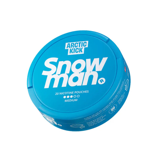 Snowman Arctic Kick 9mg e-liquid bottle with colorful label, designed for vaping, featuring snowman branding and vibrant graphics.