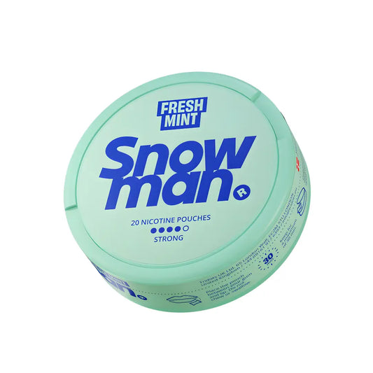 Fresh mint Snowman nicotine pouch with 12mg strength from Europesnus.com, shown in a sleek, white pouch with mint leaves.
