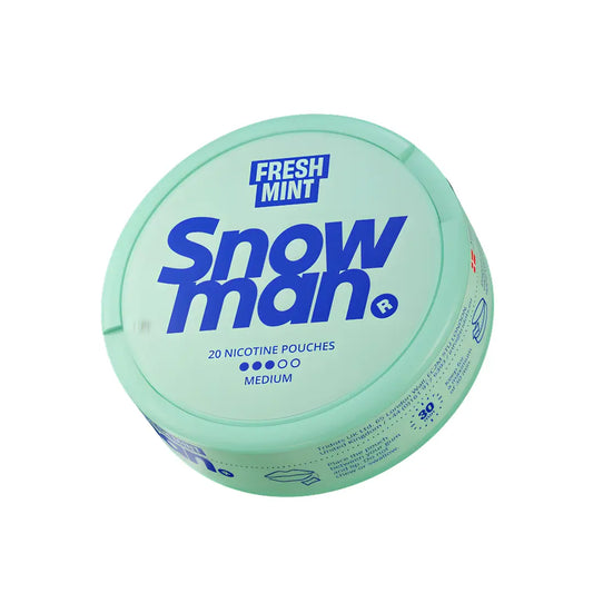 Fresh Mint Snowman nicotine pouch by Europesnus.com, featuring white snowman packaging with green mint accents and product details.