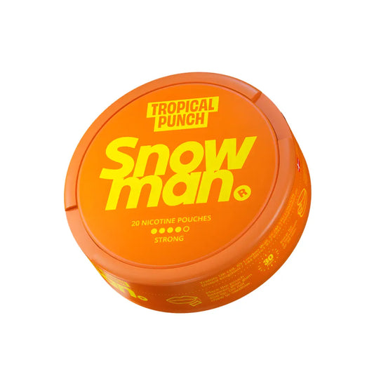 Snowman Tropical Punch 12mg e-liquid bottle with colorful label, featuring a tropical punch flavor for vaping.