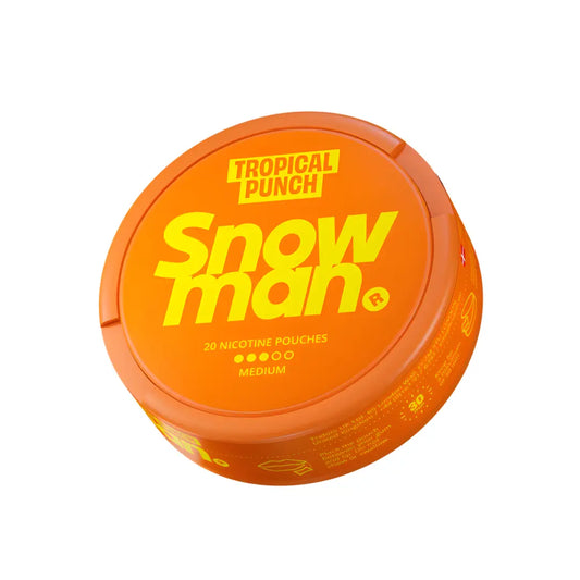 Snowman Tropical Punch 9mg e-liquid bottle with colorful label featuring tropical fruit graphics, for vaping.