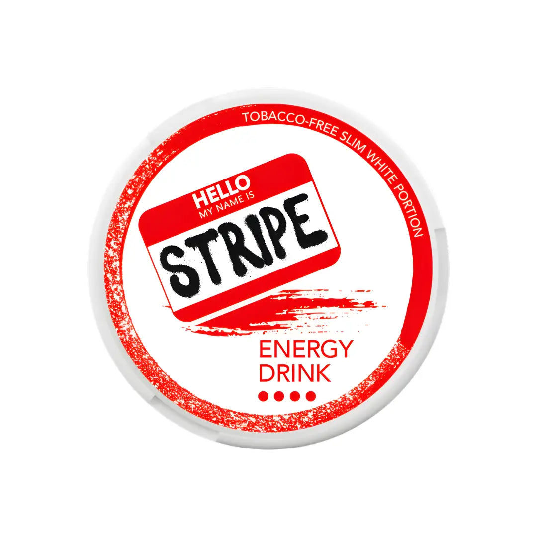 Stripe Strong Energy Drink can with vibrant blue and silver packaging, featuring bold branding and energetic design elements.