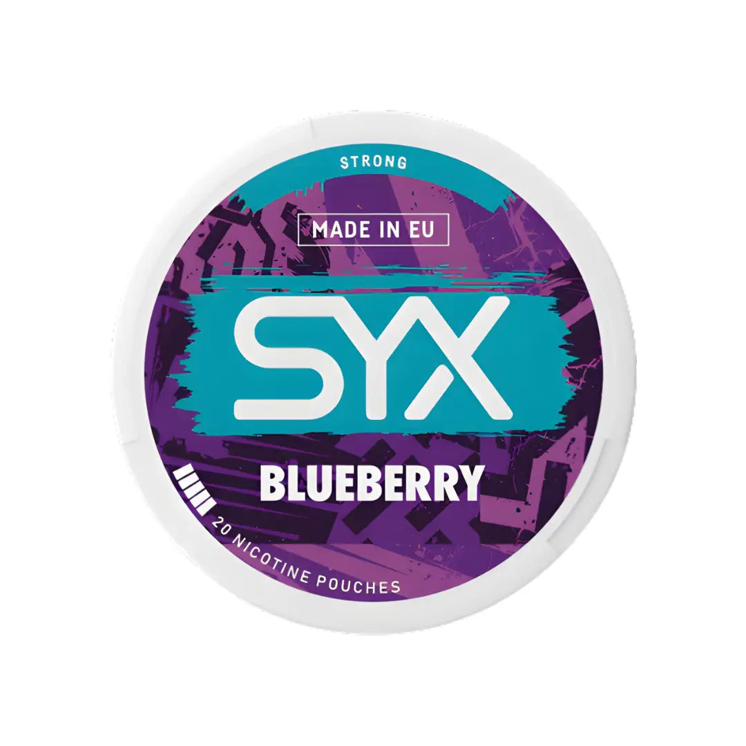 Syx Blueberry Strong supplement bottle with label featuring blue and white design, displayed on a plain background.
