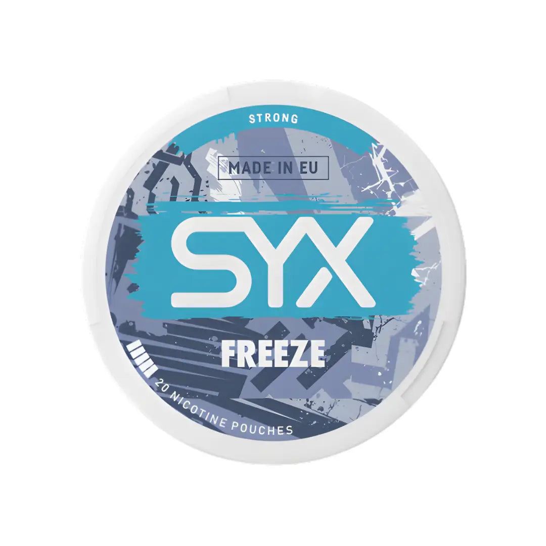 Syx Freeze Strong energy supplement bottle with blue label, featuring the product name and branding details.