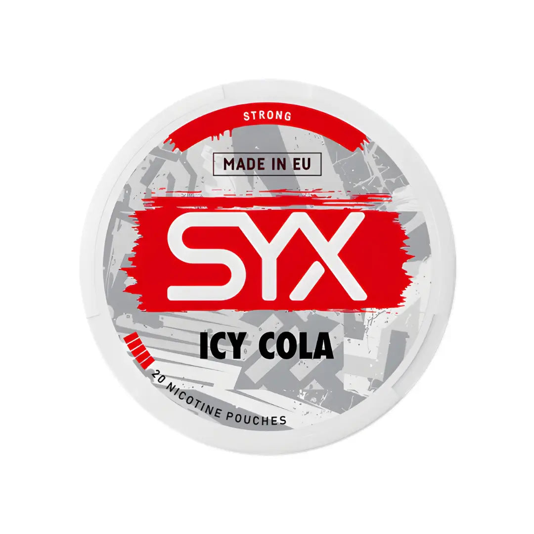 Syx Icy Cola Strong energy drink in a can with icy blue design, featuring bold branding and flavor details.