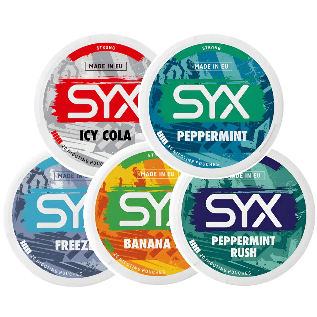 Assorted Syx Mixpack of cannabis products from Europesnus.com, featuring various strains and packaging in a colorful display.