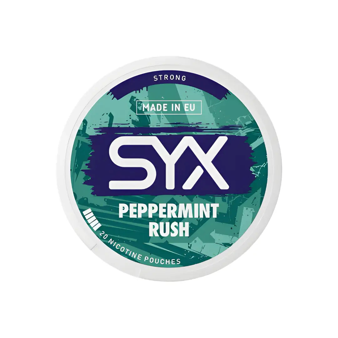 Close-up of Syx Peppermint Rush Strong herbal supplement packaging from Europesnus.com, featuring green peppermint imagery.