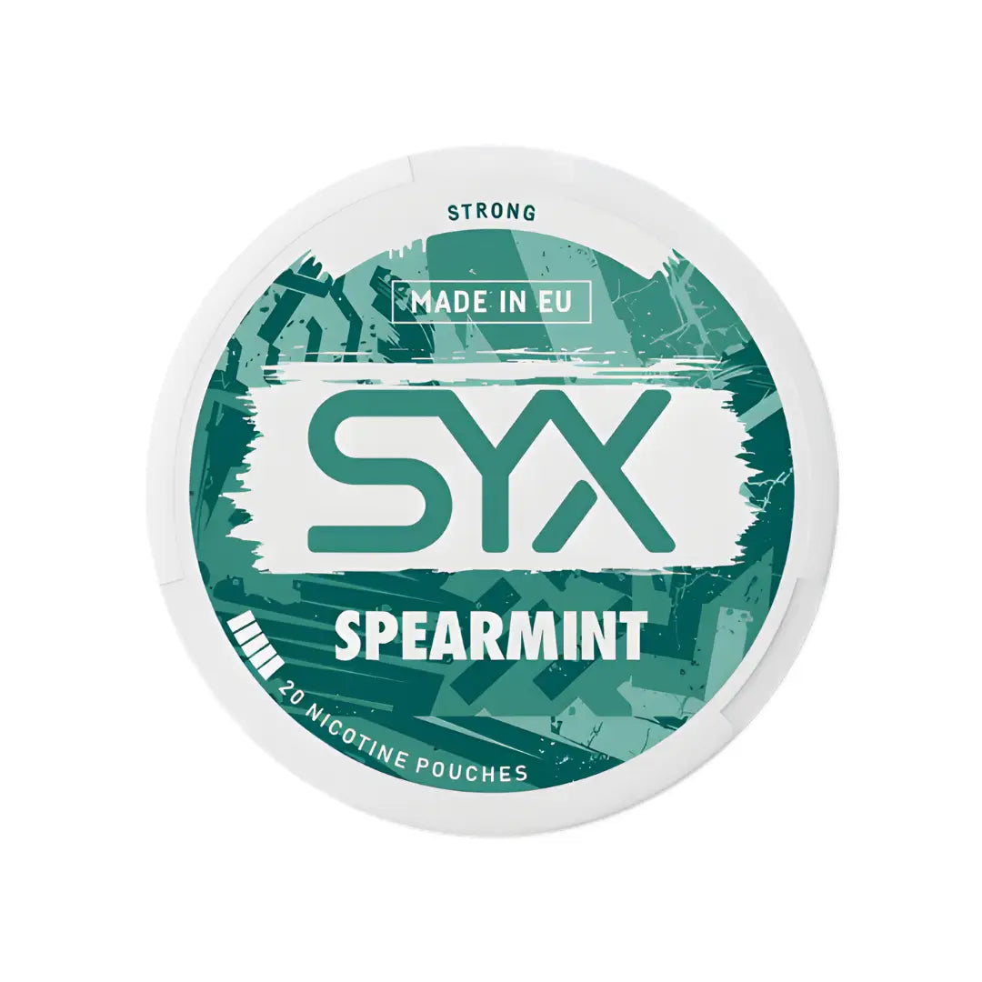Syx Spearmint Strong nicotine pouch from Europesnus.com, showing a sleek pouch with spearmint flavor branding.