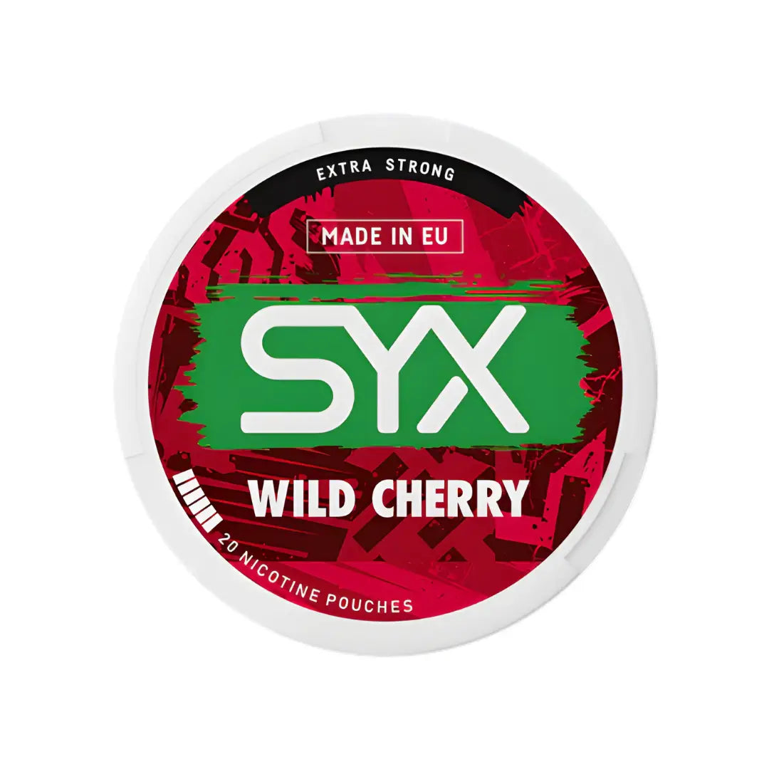 Syx Wild Cherry Extra Strong nicotine pouch from Europesnus.com, showing the pouch with cherry flavor and bold packaging.
