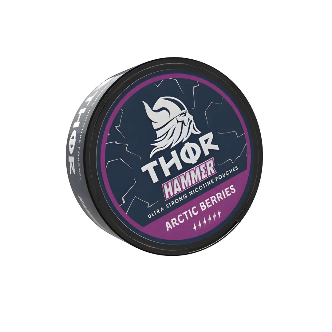 Thor Hammer Arctic Berries snack in packaging with Arctic berries illustration, highlighting the product's branding and vibrant design.