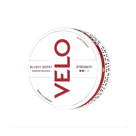Velo Blushy Berry flavored e-liquid bottle from Europesnus.com with vibrant pink and purple packaging.