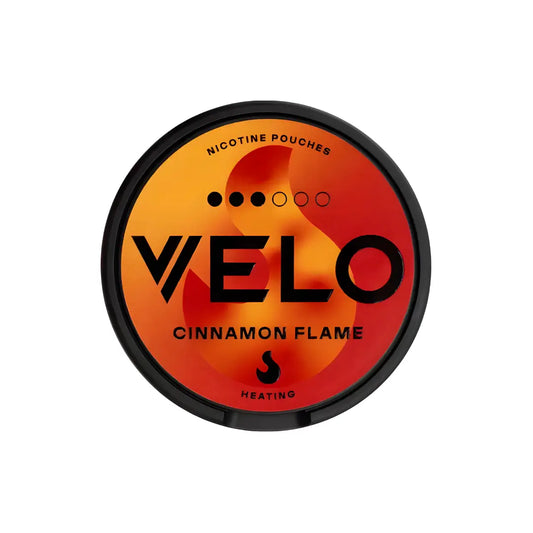 Velo Cinnamon Flame Slim e-cigarette vape device with sleek design and vibrant orange and red flame pattern.