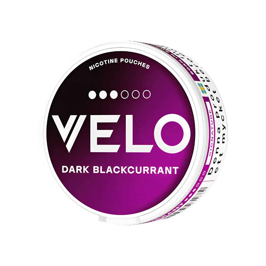 Velo Dark Blackcurrant flavored product from Europesnus.com, featuring a dark blackcurrant color and packaging details.