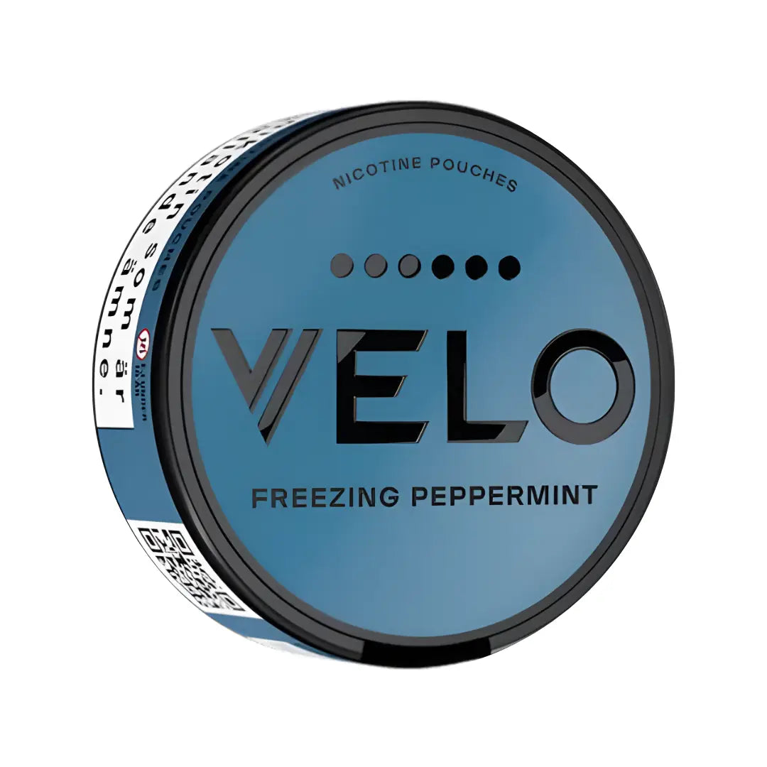Velo Freezing Peppermint Max Slim nicotine pouches in a sleek silver container, designed for discreet use and fresh peppermint flavor.
