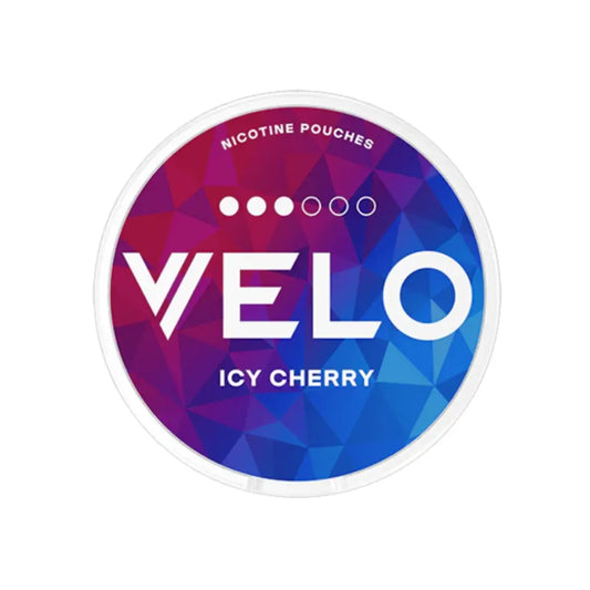 Velo Icy Cherry flavored vape device with icy berry design, featuring vibrant red and blue colors and sleek electronic cigarette appearance.