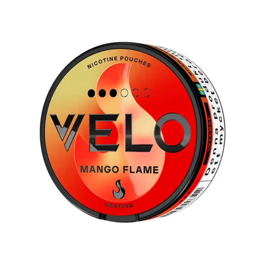 Velo Mango Flame vape device with orange and black design, featuring sleek shape and textured grip for easy handling.