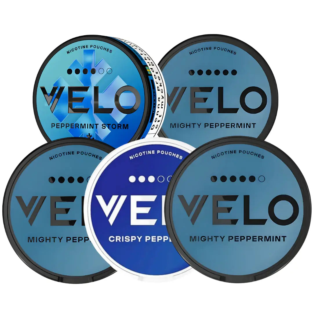 Five Velo Mixpack bottles from Europesnus.com, featuring colorful packaging and various flavors for nicotine pouches.