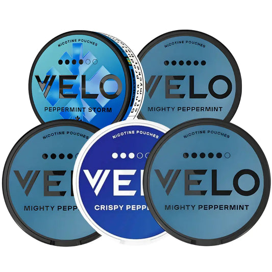 Five Velo Mixpack bottles from Europesnus.com, featuring colorful packaging and various flavors for nicotine pouches.