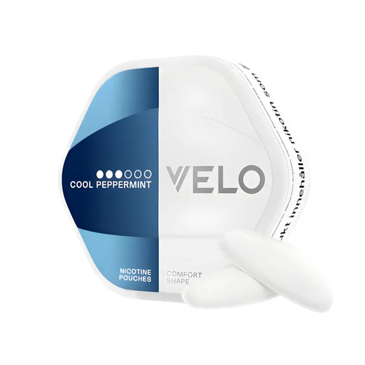 Velo Shift Cool Peppermint nicotine pouch in a white container with blue and green accents, designed for discreet use.