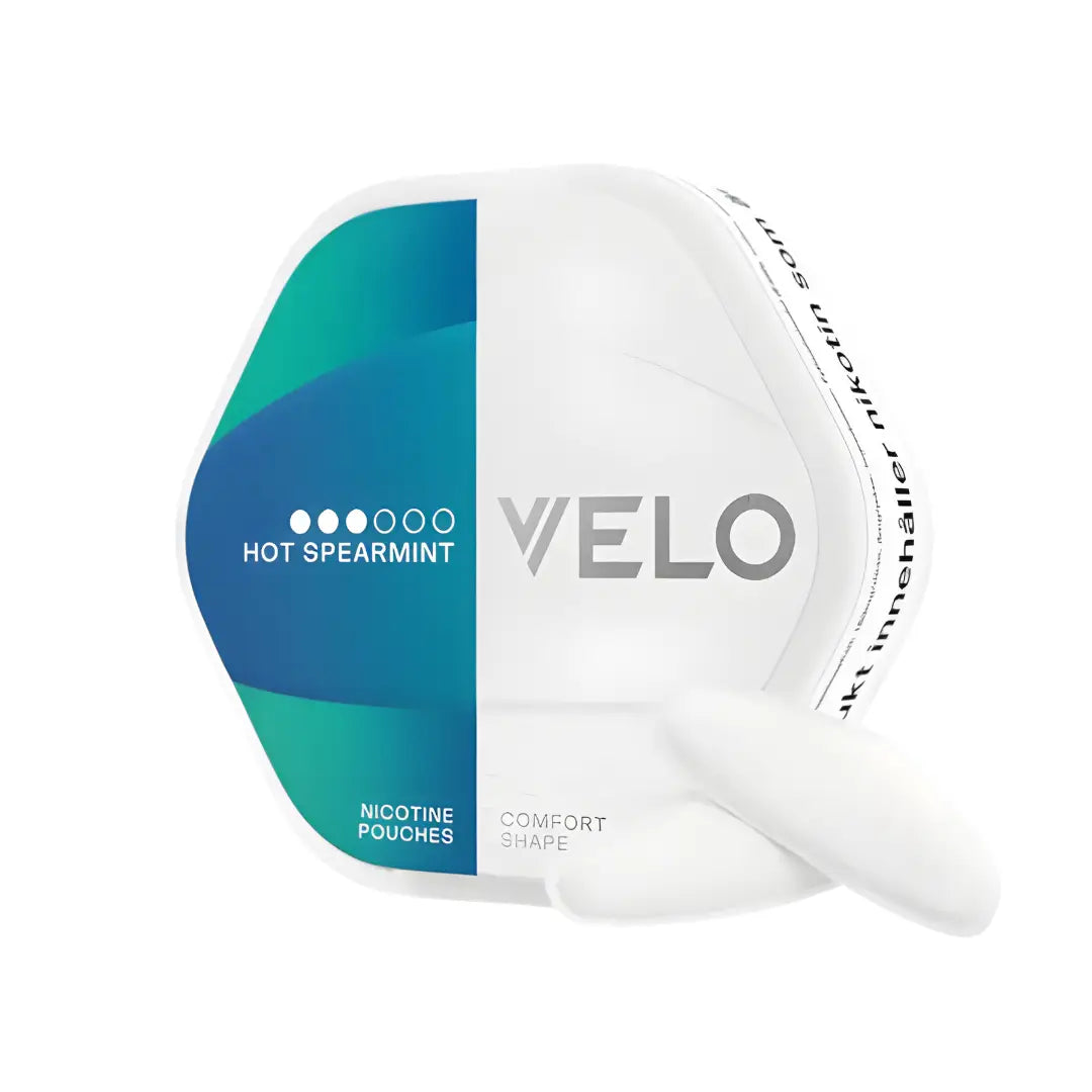 Velo Shift Hot Spearmint flavored nicotine pouch from Europesnus.com, featuring spearmint leaves and hot mint flavor.