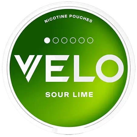 Velo Sour Lime Mini nicotine pouches in a small tin, featuring bright lime flavor packaging and individual pouches inside.
