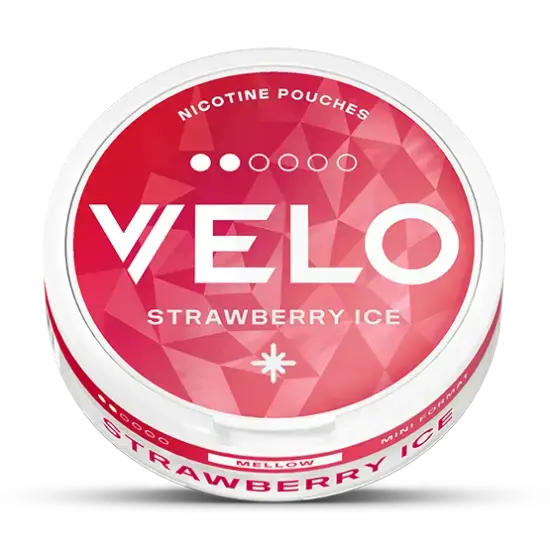 Velo Strawberry Ice Mini disposable vape pen with pink and white design, featuring a strawberry flavor label and compact size.