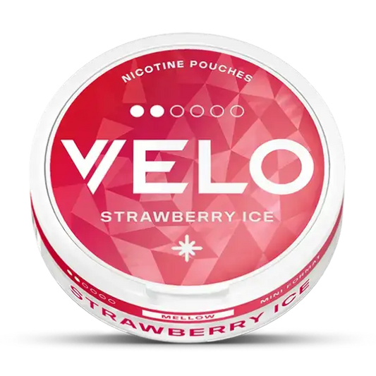 Velo Strawberry Ice Mini disposable vape pen with pink and white design, featuring a strawberry flavor label and compact size.