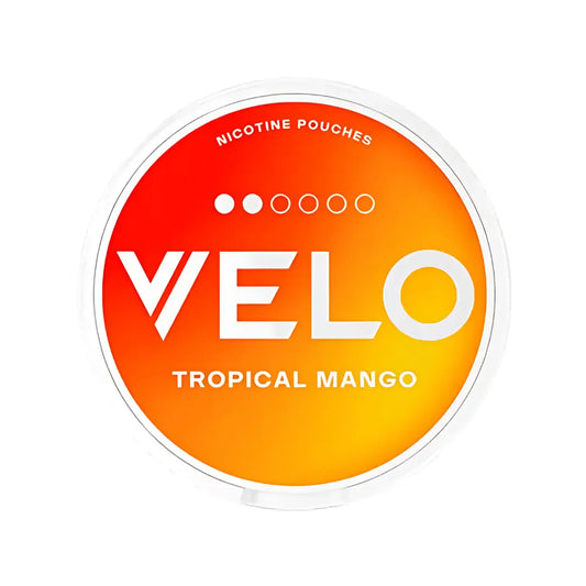 Velo Tropical Mango vape cartridge featuring tropical mango flavor, clear glass with branding and visible vapor chamber.