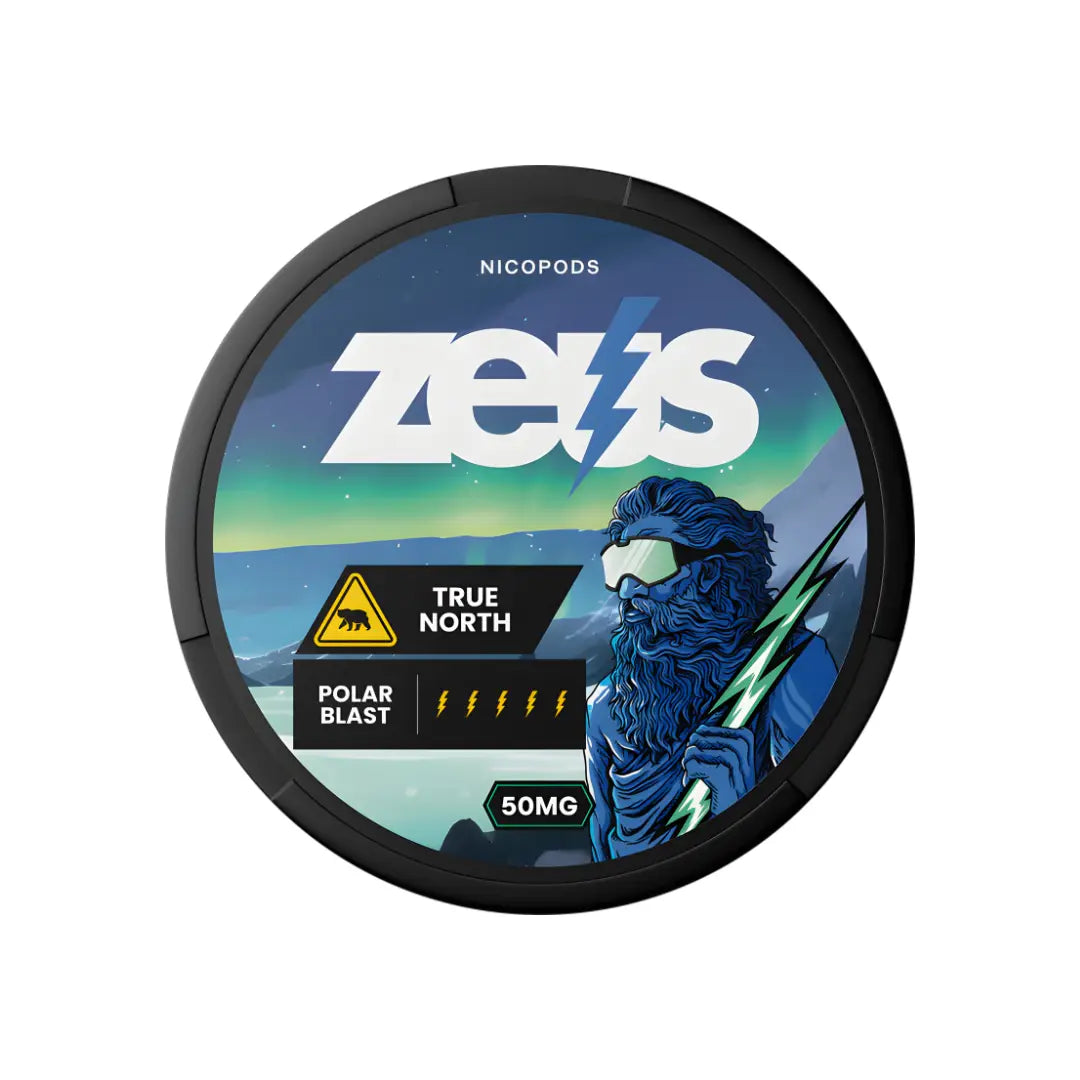 Zeus True North snowboarding jacket in navy with white accents, front zipper, and adjustable hood, designed for cold weather adventures.