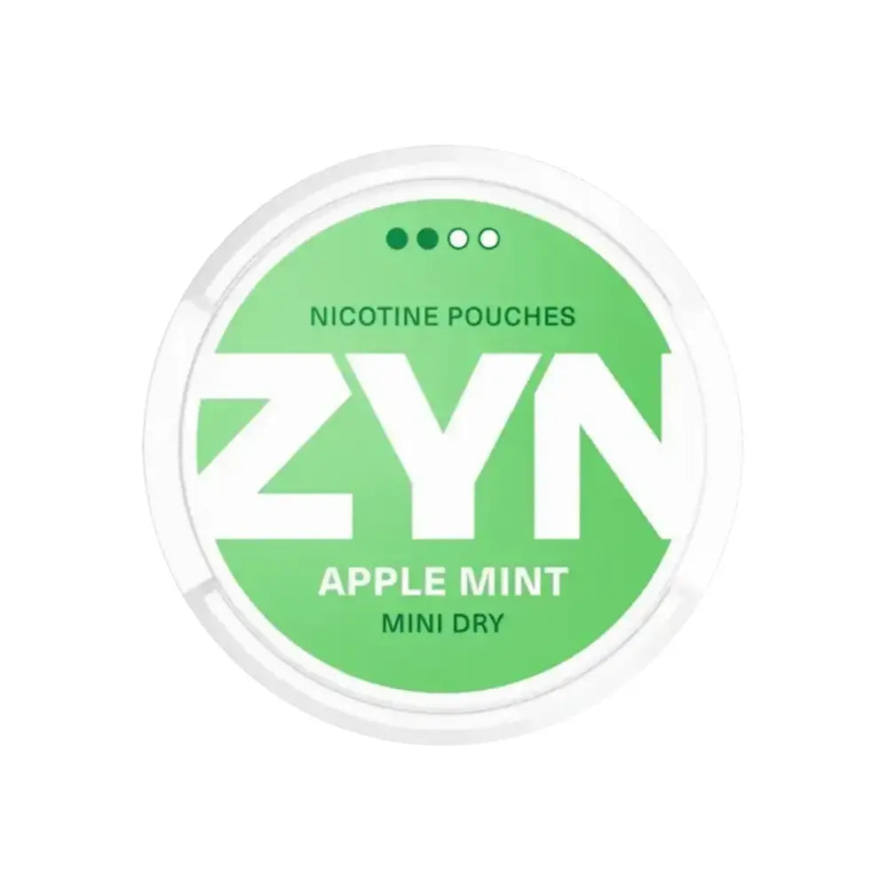 Zyn Apple Mint Mini Dry 3mg nicotine pouch in a white container with mint and apple flavor branding.