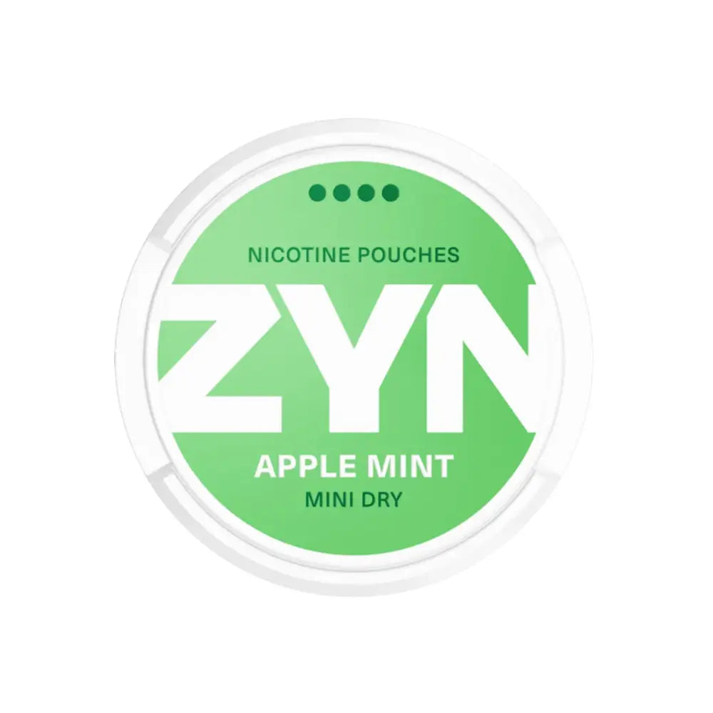 Zyn Apple Mint Mini Dry 6mg nicotine pouch in white container, features apple and mint flavor, designed for discreet use.