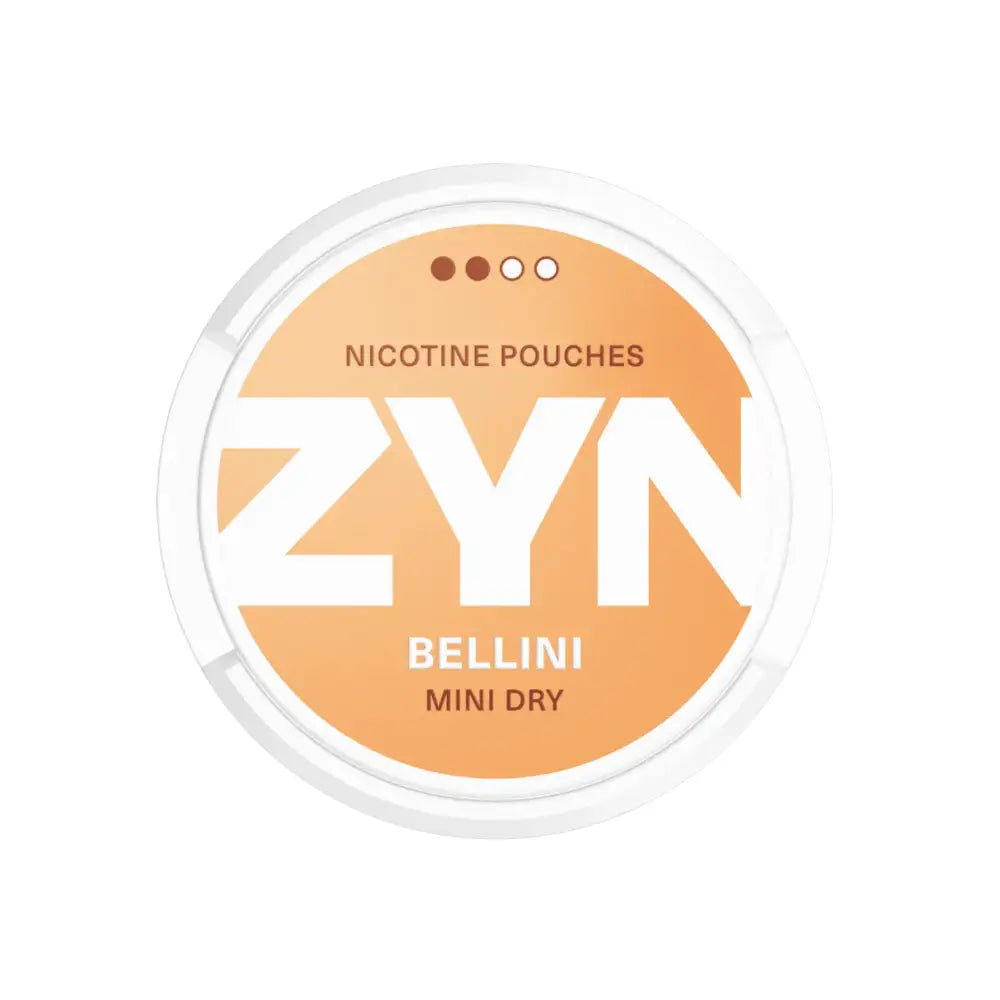 White Zyn Bellini Mini Dry 3mg nicotine pouch with peppered mint flavor, shown in a sleek white container.