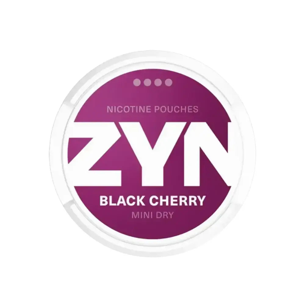 Zyn Black Cherry Mini Dry 6mg nicotine pouch in a white container with black cherry flavor and mint accents.