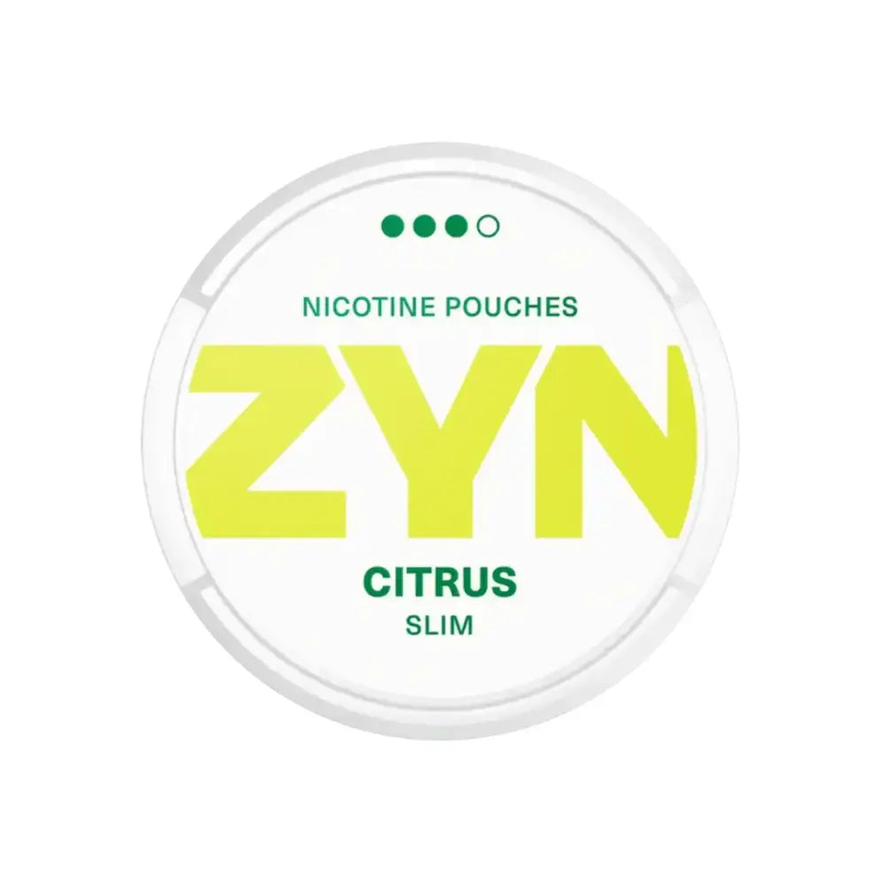 White pack of Zyn Citrus Strong Slim nicotine pouches with white Fox peppered mint flavor, designed for discreet use.