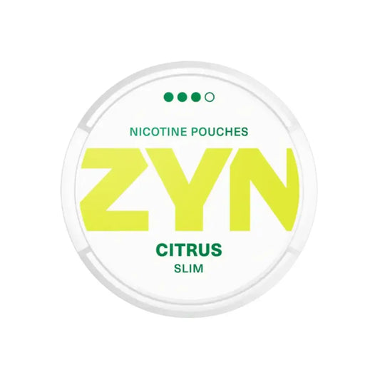 White pack of Zyn Citrus Strong Slim nicotine pouches with white Fox peppered mint flavor, designed for discreet use.