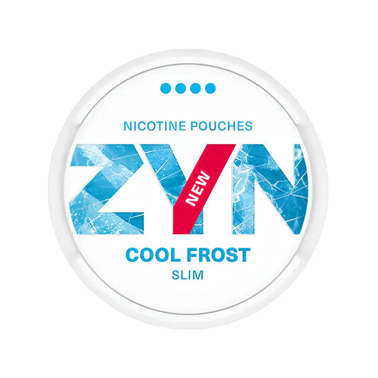 Zyn Cool Frost Slim Extra Strong nicotine pouch in a silver tin with blue and white branding and a mint flavor label.
