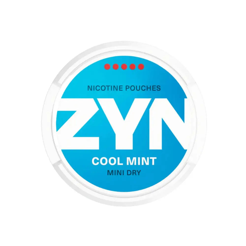 WhitePeppered Mint Zyn Cool Mint Mini Dry 9mg nicotine pouch in a white and green container with mint leaves.