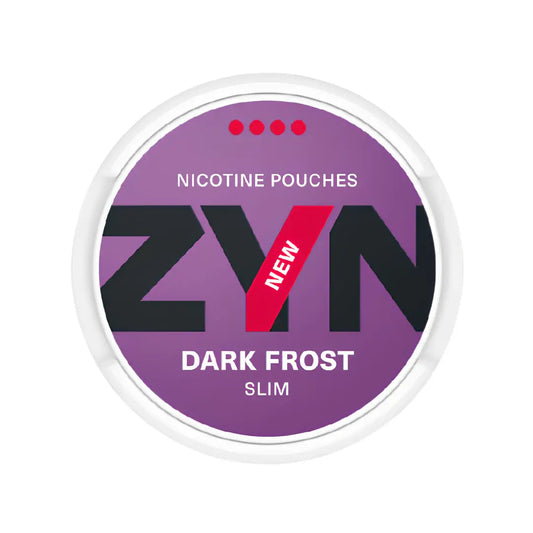 Zyn Dark Frost Slim Extra Strong nicotine pouch in sleek black packaging with silver accents.