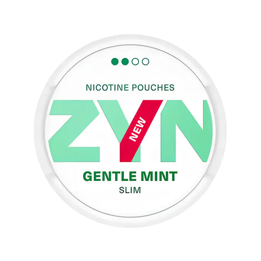 Zyn Gentle Mint Slim nicotine pouch in a sleek white container, designed for discreet use and fresh mint flavor.